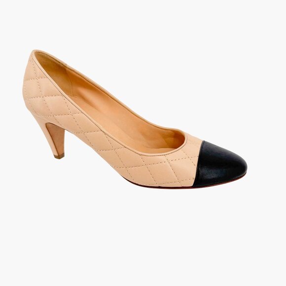 Chanel Quilted Cap Toe CC Pumps Size 36.5 US 5.5-6 Beige Black Low Heel Leather - Picture 9 of 14